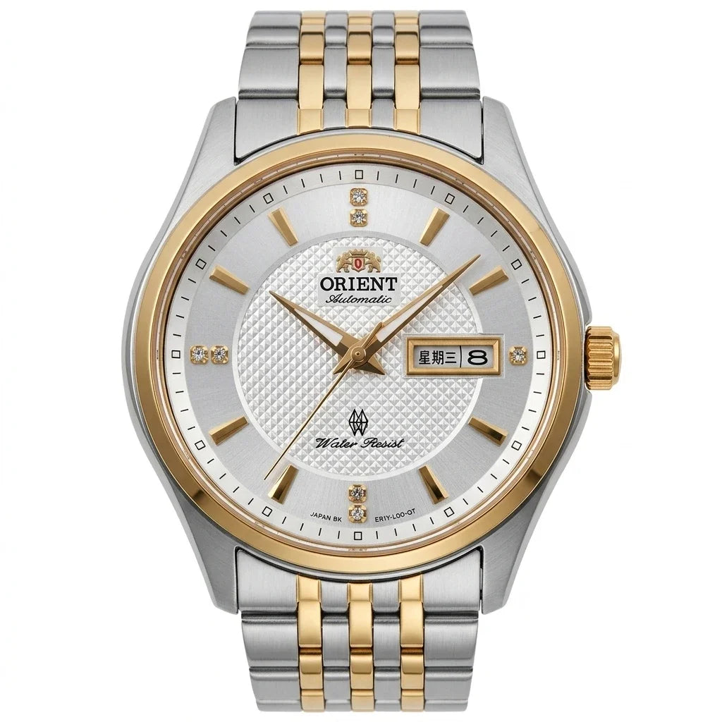 Relógio mecânico automático para homem da Orient, com calendário duplo (data e dia da semana), índices em cristal e bracelete em aço inoxidável – Relógio de pulso de estilo profissional