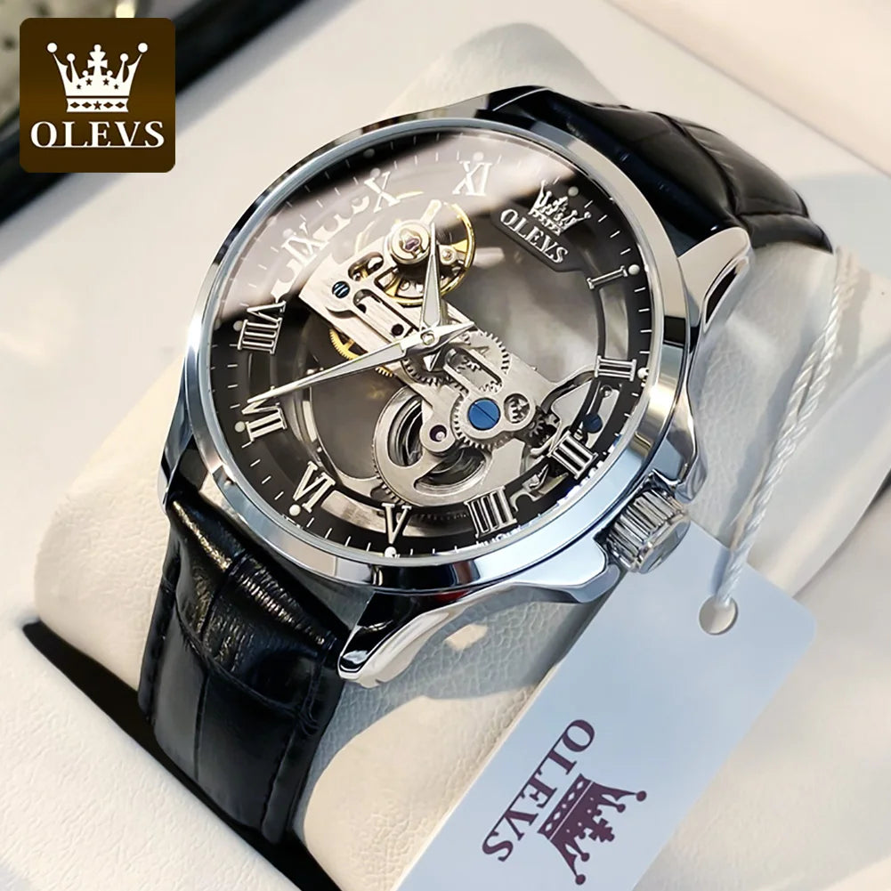 Relógio mecânico automático para homem OLEVS 6661 – Modelo esqueleto totalmente transparente com volante visível, bracelete em pele, relógio de luxo original para homem