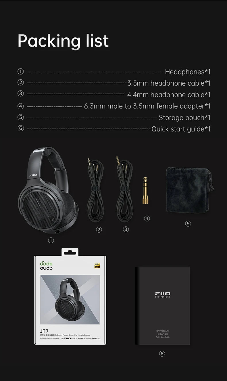 Auscultadores Audiófilos Over-Ear Magnéticos Planares FiiO JT7 – Driver 95x86mm, Headset HiFi com Fio 4.4mm e 3.5mm