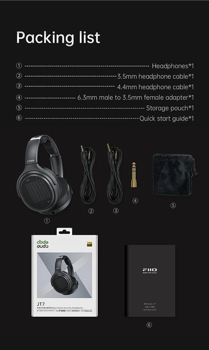 Auscultadores Audiófilos Over-Ear Magnéticos Planares FiiO JT7 – Driver 95x86mm, Headset HiFi com Fio 4.4mm e 3.5mm