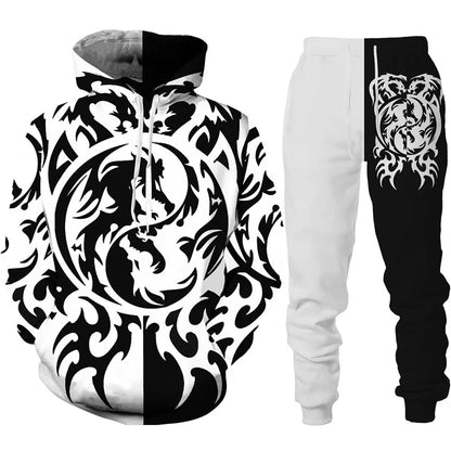 Dres z nadrukiem 3D Retro Dragon Tattoo dla mężczyzn i kobiet, casualowy zestaw z bluzą z kapturem + spodnie, 2 części, oversize, modna odzież męska