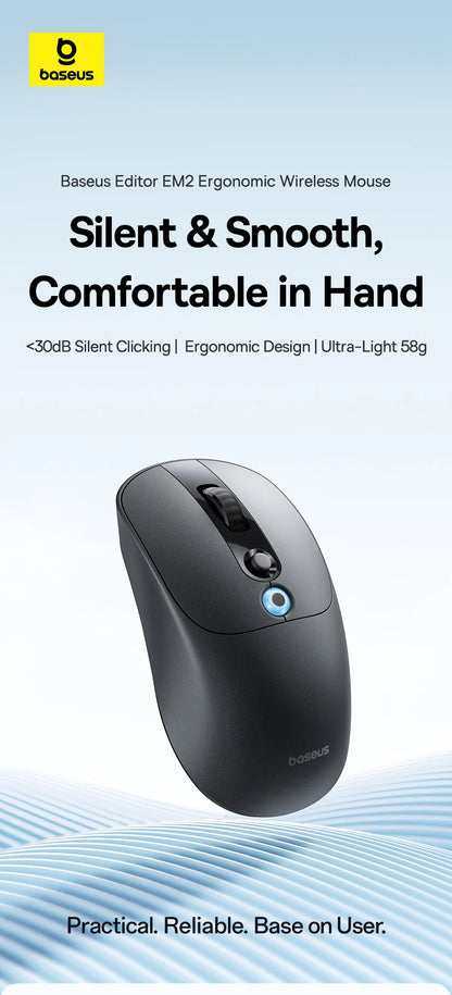 【NAUJIENA】Baseus EM2 ergonominė belaidė pelė, Bluetooth 5.3, 2.4G, Type-C įkrovimas, itin lengva tyli pelė su pritaikomu mygtuku