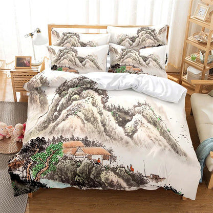 Juego de funda nórdica con pintura de bambú, ropa de cama de estilo chino, conjunto juvenil de lino para cama Queen Size, funda para edredón, ropa de cama de moda