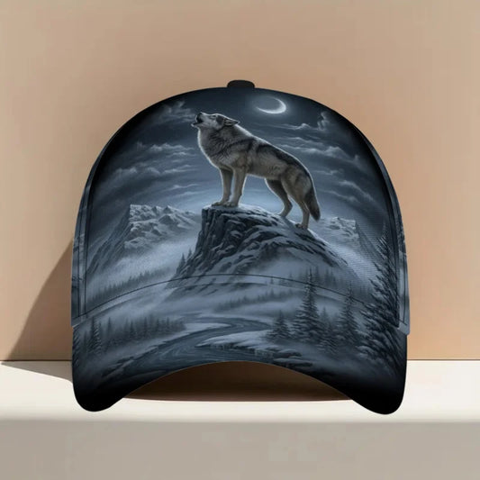Cappellino da baseball classico con stampa di lupo che ulula alla luna, comodo e regolabile, con visiera curva, ideale per l’uso quotidiano, perfetto per la famiglia