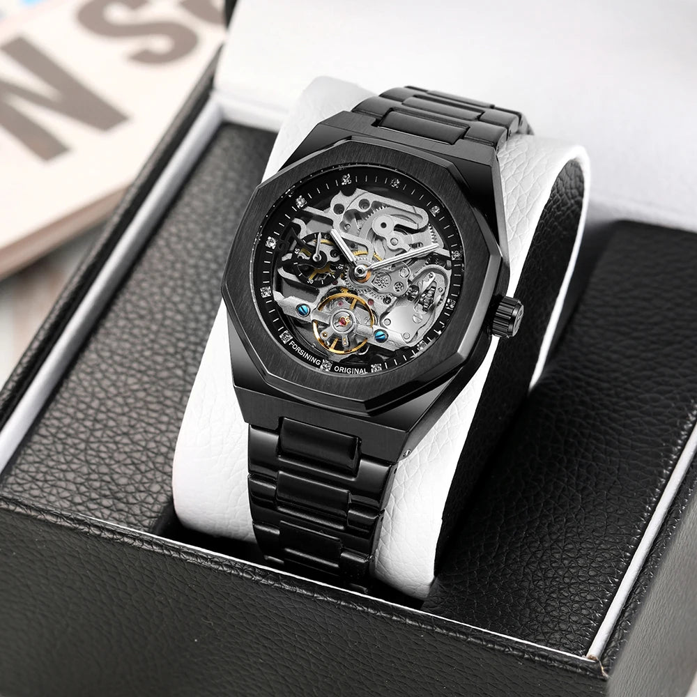 Forsining Tourbillon Skeleton Mechanical Watch for Men Luminous Hands Stainless Steel Strap Fashion Business Automatic Watches