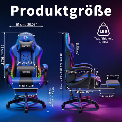 300lbs RGB LED Gaming Chair with Wireless Speakers, Ergonomic Massage Gaming Chair with Footrest, Reclining Computer Gaming Chair for Adults