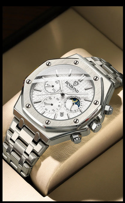 BINBONG B0161 Top Brand Man Business Quartz Watch Chronograph Wristwatch Stainless Steel Strap 30M Waterproof Luxury Men Watch