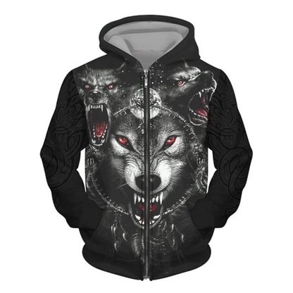3D Wolf Print Men's Zipper Hoodies Fashion Animal Pattern Top Coat Street Punk Style Oversized Sweatshirts Outdoor Leisure Jackets