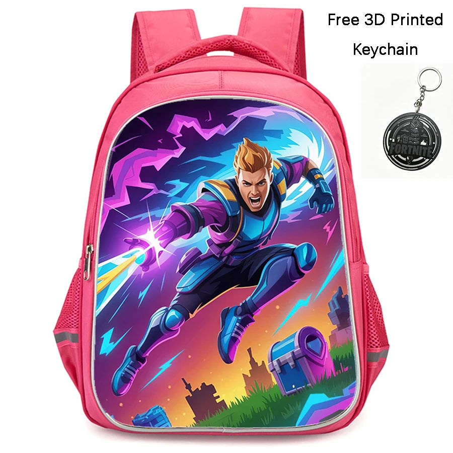 FORTNITE 16-inch Durable Lightweight Backpack, Dual Zipper Pockets, Cartoon Style for Boys & Girls 6-10,Free 3D Printed Keychain