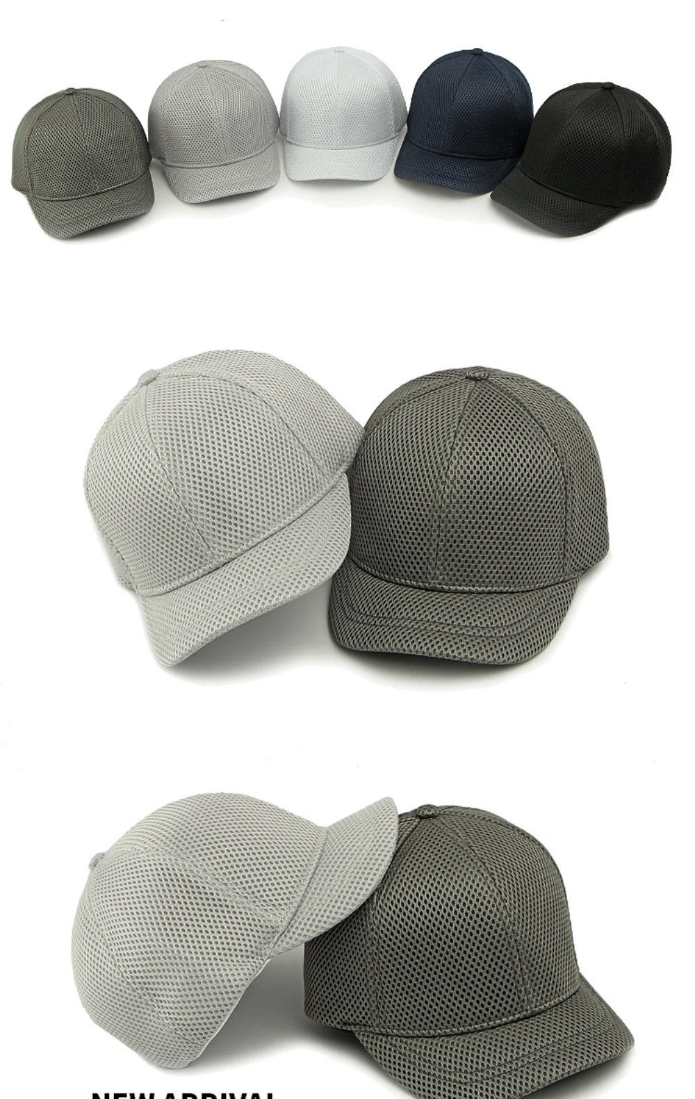 HT4828 Casquette de baseball à visière courte de 5 cm pour homme, 6 panneaux, en maille respirante, style « trucker », pour hommes et femmes, unie, à fermeture à pression