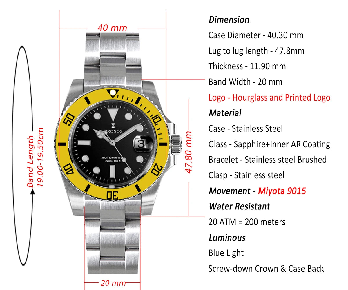 Cronos New 40mm Diver Men Watches Luxury Miyota9015 Automatic Mechanical Watch Sapphire Crytal Waterproof 200m AdjustClasp L6045
