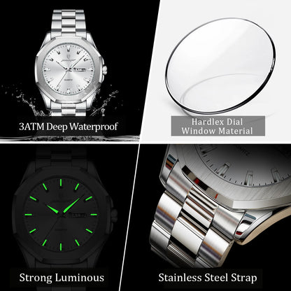 POEDAGAR Luxury Men Wristwatch Waterproof Luminous Week Date Casual Man Clock Stainless Steel Quartz Fashion Men's Watches Reloj
