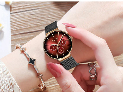 Relógio feminino LIGE, elegante e moderno – Estilo desportivo e descontraído, bracelete em malha, movimento de quartzo, indicação da data e do dia, resistente à água.