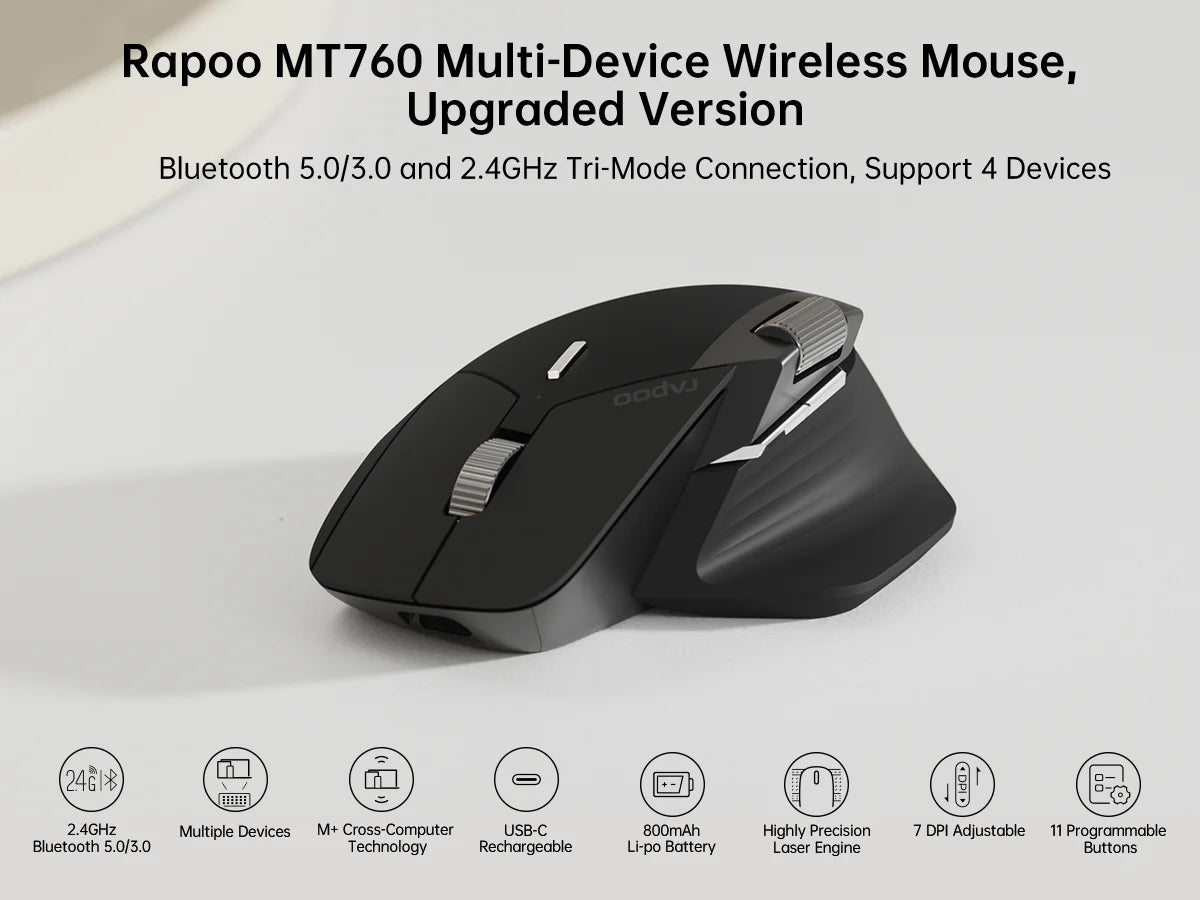 Mysz bezprzewodowa Rapoo MT760L/MT760M Multi-mode, akumulatorowa, ergonomiczna, 4000 DPI, obsługa do 4 urządzeń, mysz Bluetooth