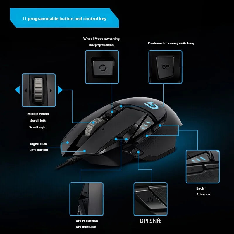Mouse gaming cablato Logitech G502 HERO per e-sport, mouse meccanico con luce RGB, peso regolabile e macro programmabili per “Chicken Dinner”