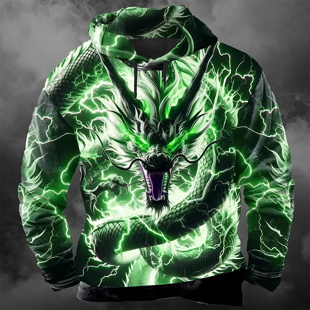 Muška hoodie majica s 3D printom munjevitog zmaja, moderan cool svakodnevni pulover dugih rukava u streetwear stilu, jesensko-zimski trenirka kaput