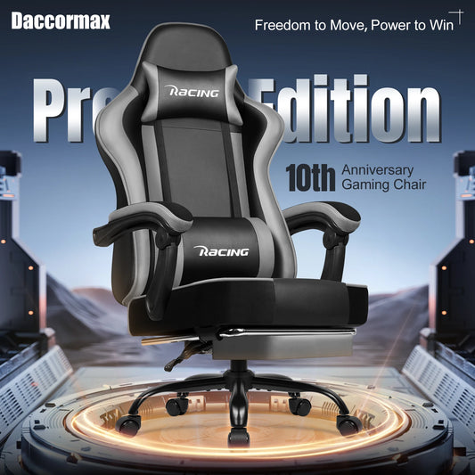Daccormax Ergonomic Gaming Chair with Footrest, Reclining 170°, PU Leather Racing Chair with Lumbar Support and Headrest