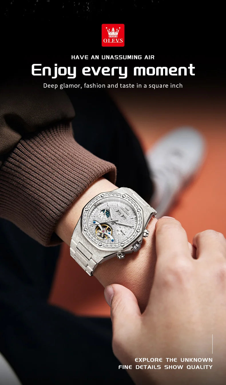 Ceasuri pentru bărbați OLEVS din oțel auriu, ceasuri de lux mecanice automate, ceasuri de mână sport, rezistente la apă, cu tourbillon, Reloj Hombre