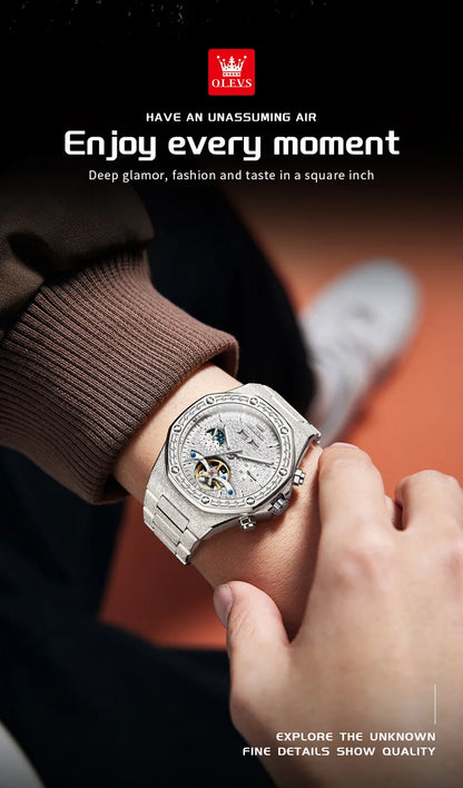 Ceasuri pentru bărbați OLEVS din oțel auriu, ceasuri de lux mecanice automate, ceasuri de mână sport, rezistente la apă, cu tourbillon, Reloj Hombre