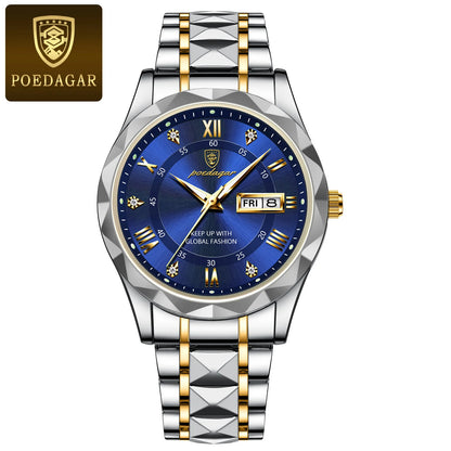 Montre homme POEDAGAR Business Luxury, étanche, en acier inoxydable, lumineuse, avec date et jour de la semaine, style sport, à quartz.