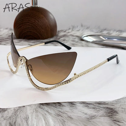 Sexy Cat Eye Rimless Sunglasses Women 2026 Luxury Brand Trendy Rhinestone Sun Glasses Punk Metal Frame Eyewear Outdoor Shades