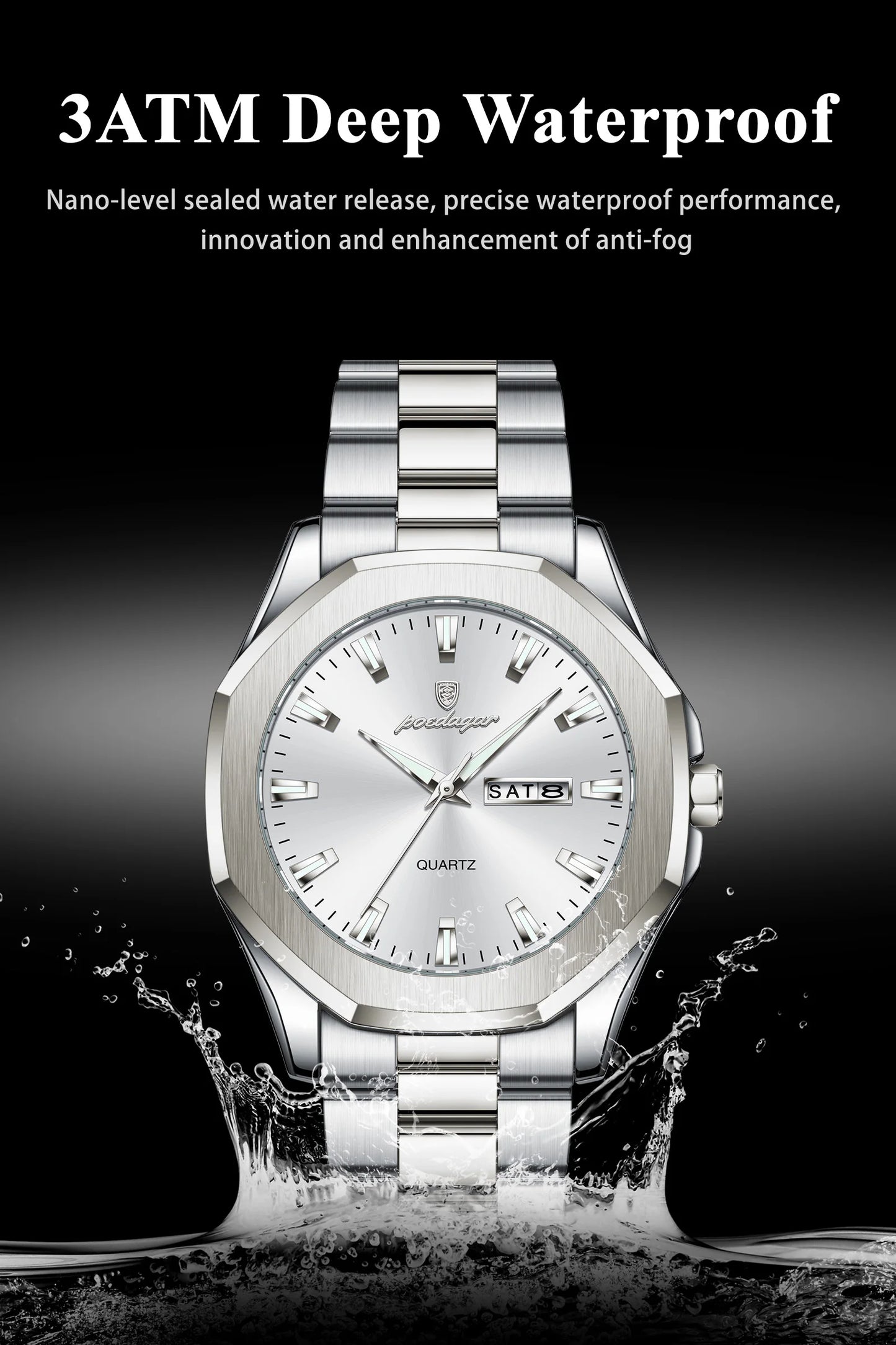 POEDAGAR Luxury Men Wristwatch Waterproof Luminous Week Date Casual Man Clock Stainless Steel Quartz Fashion Men's Watches Reloj