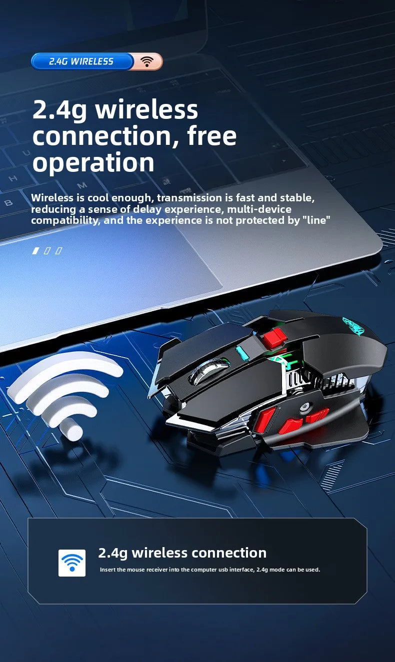 SC300 Wireless Mechanical Gaming Mouse Ergonomic RGB Backlit Rechargeable DPI Adjustable Silent Mice for Desktop Laptop Tablet