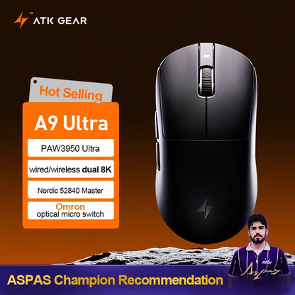 ATK Dragonfly A9 Ultimate belaidė žaidimų pelė A9 Air PAW3950, itin lengva ergonomiška e. sporto FPS žaidėjų pelė CSGO A9 Ultra