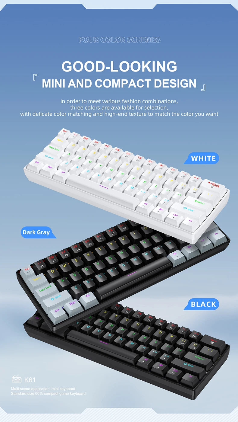 APAYADO K61 Mini-Mechanische Tastatur, kabelgebunden, 61 Tasten, Phantom RGB, schwarz/weiß, mechanische rote/blaue Switches für Gaming, 60% tragbar