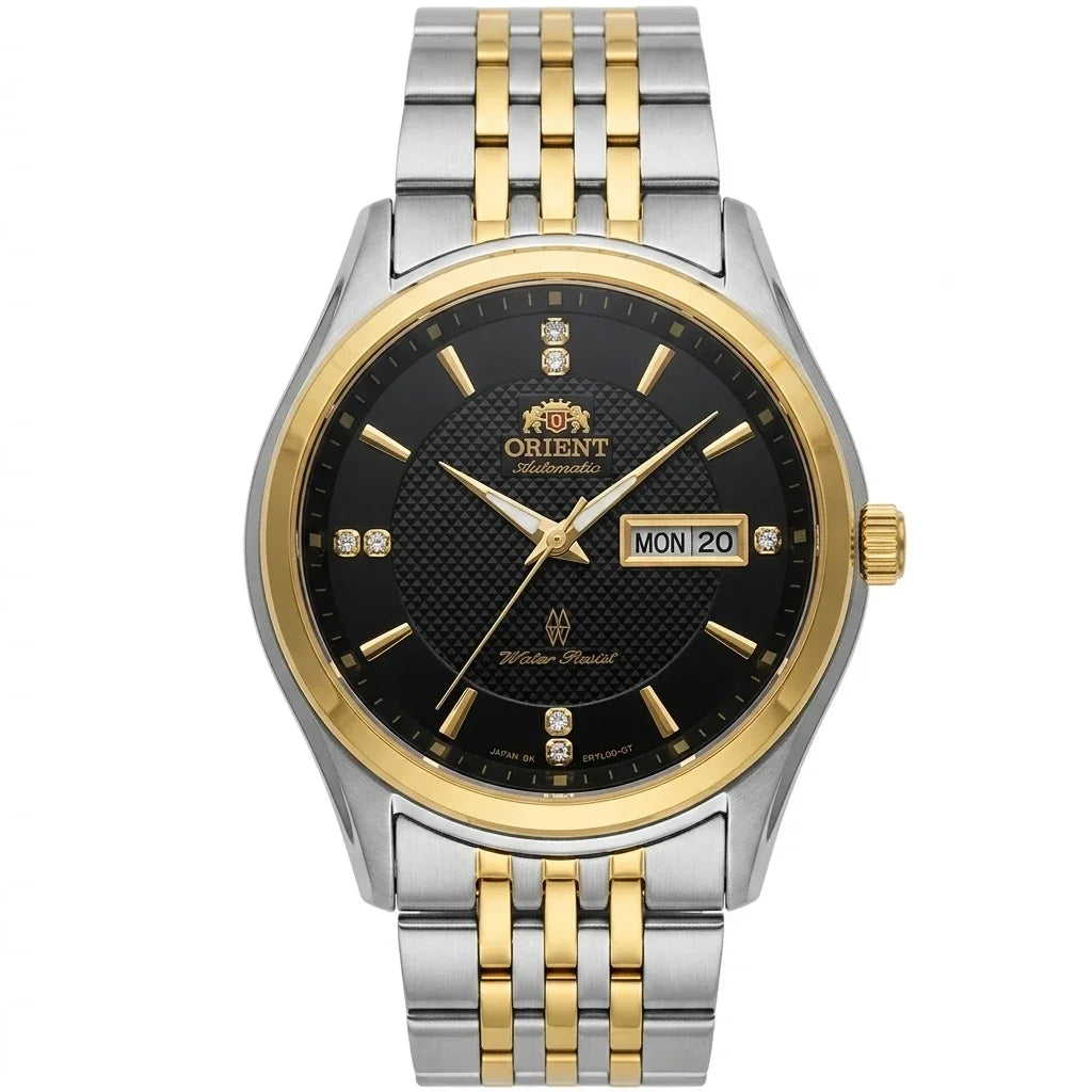 Relógio mecânico automático para homem da Orient, com calendário duplo (data e dia da semana), índices em cristal e bracelete em aço inoxidável – Relógio de pulso de estilo profissional