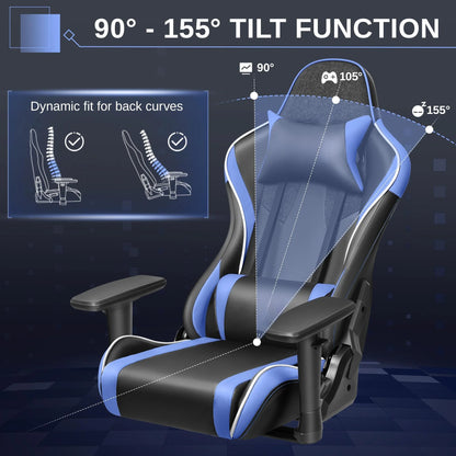 Gaming Chair, Ergonomic PU Leather Office Chair, Reclining Swivel Computer Chair with Headrest Lumbar Support, Black Blue