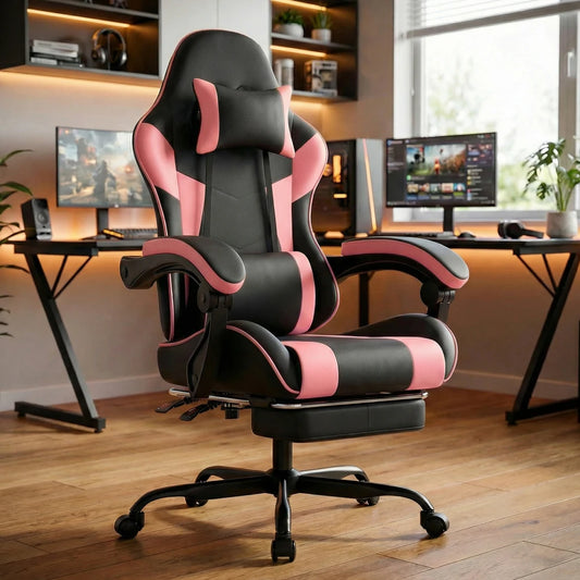 Ergonomic Gaming Chair with Lumbar Support, PU Leather Computer Chair, Adjustable Reclining Gaming Chair with Footrest for Office & PC Gaming