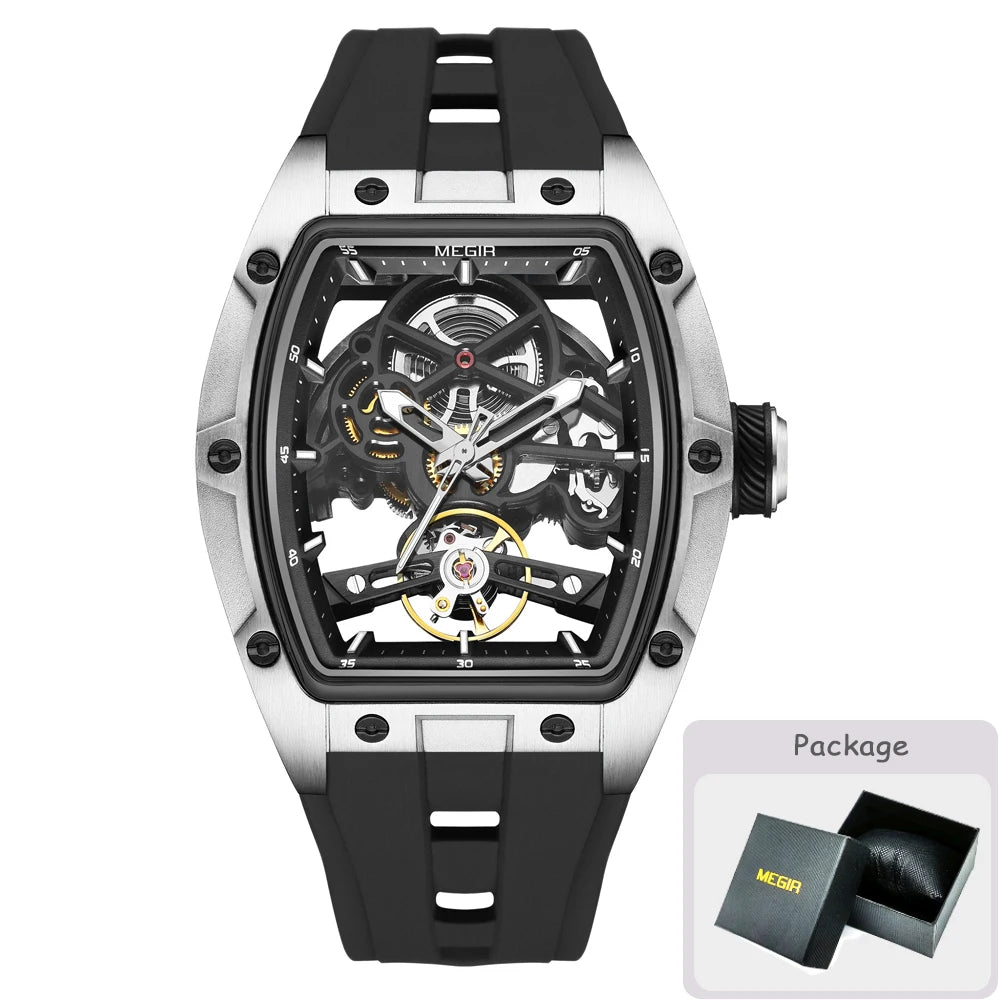 Relógio mecânico para homem MEGIR, formato de barril, mostrador esqueletizado com aberturas, estilo desportivo, bracelete em silicone, relógio automático de luxo