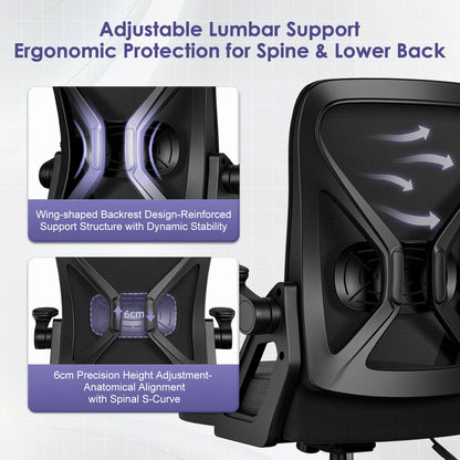 AUTHMIC Ergonomic Office Chair Mesh Back Lumbar Support Flip-Up Armrests Reclining Adjustable Height for Home Office Desk Work