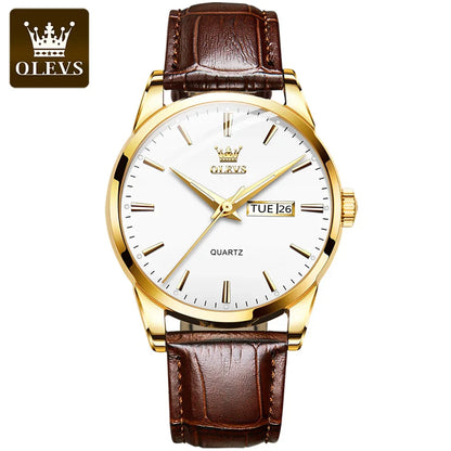 OLEVS-kwartshorloge voor heren – Luxe en elegante stijl, leren band, datum- en dagweergave, waterdicht, ideaal voor op het werk