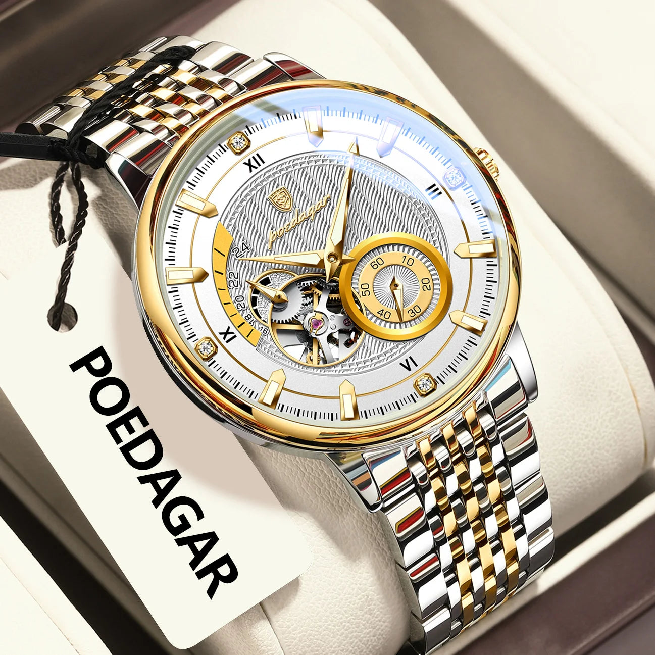 POEDAGAR Top Luxury Man Wristwatch Luminous Hollow Tourbillon Stainless Steel Men Clock Mechanical Automatic Men's Watches Reloj