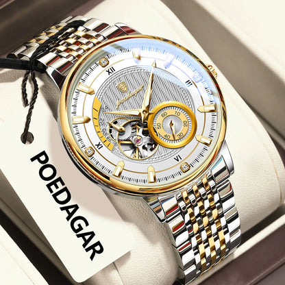 POEDAGAR Top Luxury Man Wristwatch Luminous Hollow Tourbillon Stainless Steel Men Clock Mechanical Automatic Men's Watches Reloj