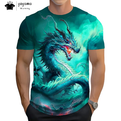 T-shirts de homem com padrão de dragão, manga curta, gola redonda, estilo streetwear, estampado animal 3D, corte largo e versátil, roupa de homem