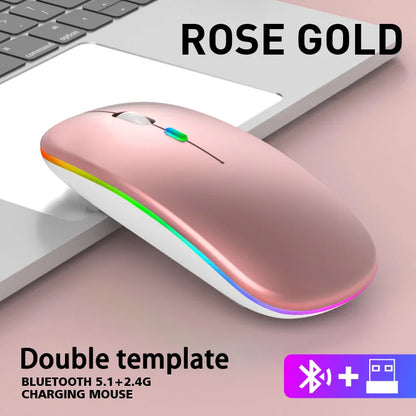Wireless Mouse with Bluetooth and 2.4GHz Dual Modes Rechargeable RGB Ergonomic Silent Click for PC iPad Laptop Cell Phone TV