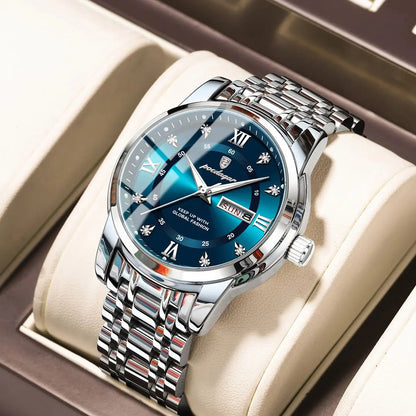 Trendy, luxe POEDAGAR herenpolshorloge, waterdicht, van roestvrij staal, verlicht, met datum en quartz-uurwerk.