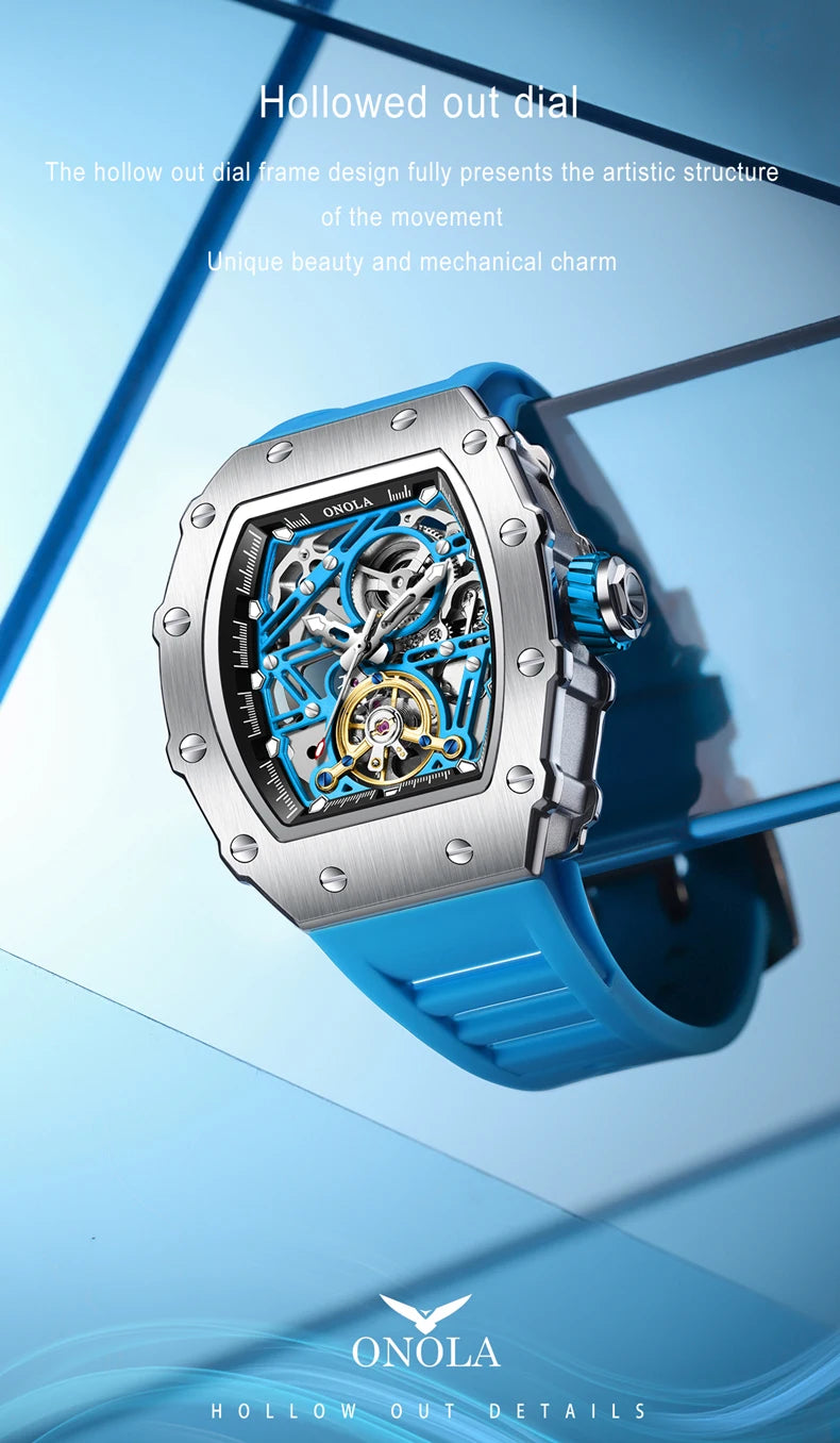 Fashion Luxury Men's Watch ONOLA Hollow Out Rudder Flywheel Fully Automatic Mechanical Waterproof Silicone Watches Clock