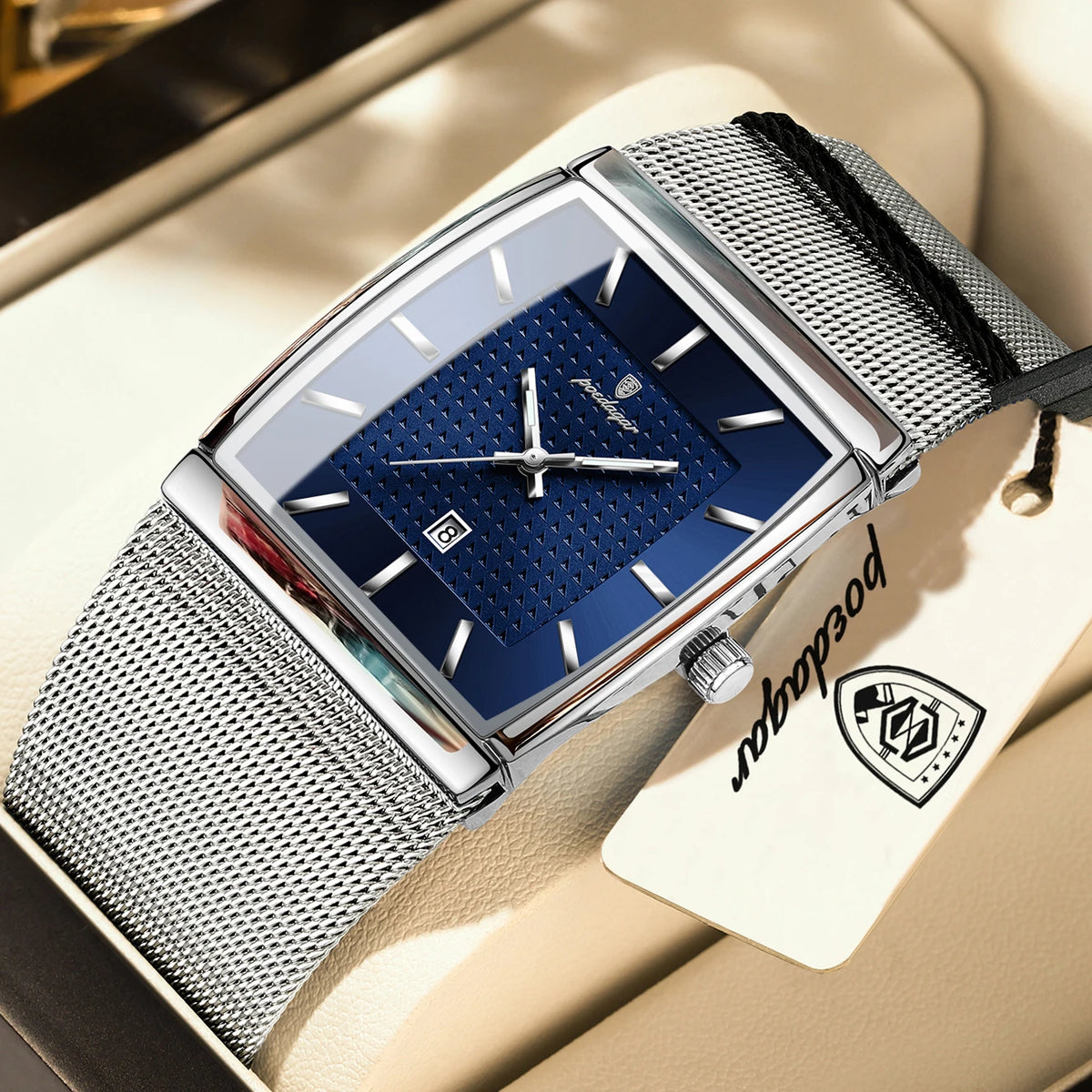 POEDAGAR Men’s Luxury Rectangle Quartz Watch Stainless Steel Mesh Strap, Luminous Dial & Date