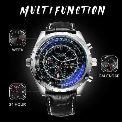 JARAGAR Men’s Luxury Automatic Mechanical Watch  Military Sport Design, Multifunction Dial & Leather Strap