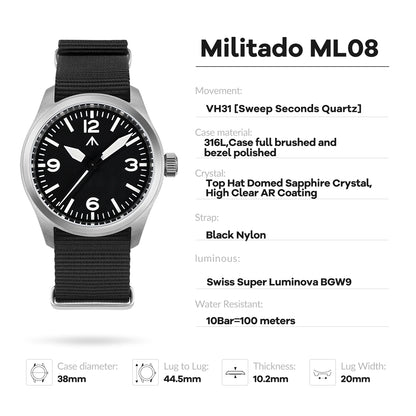 Relógio de Quartzo Vintage Militar Militado ML08 V2 com Movimento VH31, Vidro Duplo de Safira, Luminescência C3 BGW-9, Impermeável, 38mm