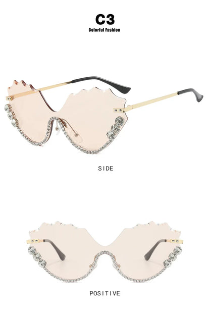 Fashion Luxury Brand Design Diamond Wave Rimless Women Sunglasses Hip Hop Eyewear Outdoor Glasses Unisex Shades Glasses UV400