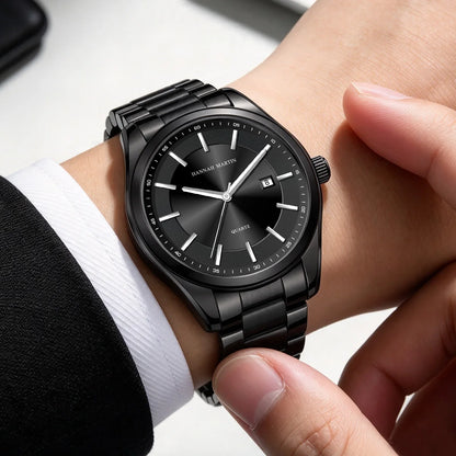 HANNAH MARTIN quartzhorloge, 40 mm, voor heren, zwarte roestvrijstalen armband, waterdicht tot 3 bar, sport-chique stijl