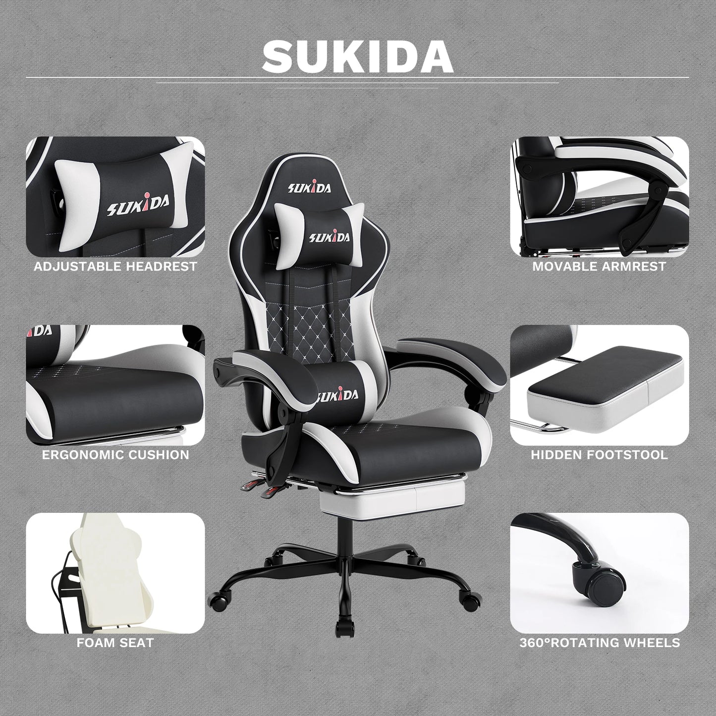 SUKIDA Ergonomic Gaming Chair with Footrest, Lumbar Support Computer Chair, Comfortable Office Chair with Adjustable Reclining Backrest