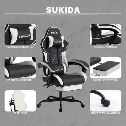 SUKIDA Ergonomic Gaming Chair with Footrest, Lumbar Support Computer Chair, Comfortable Office Chair with Adjustable Reclining Backrest