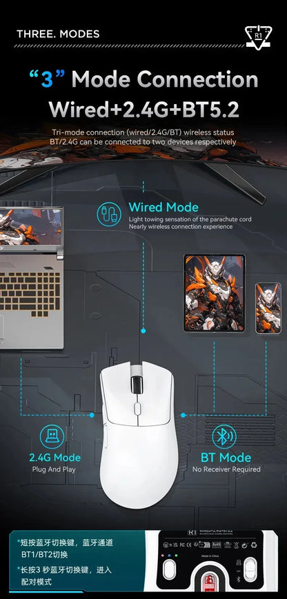 Rato ultraleve ATTACK SHARK R1 59g com PAW3311, 18000DPI, 400IPS, 40G, 1000Hz, Tri-Mode, controlador Broadcom BK3633, 20 milhões de cliques