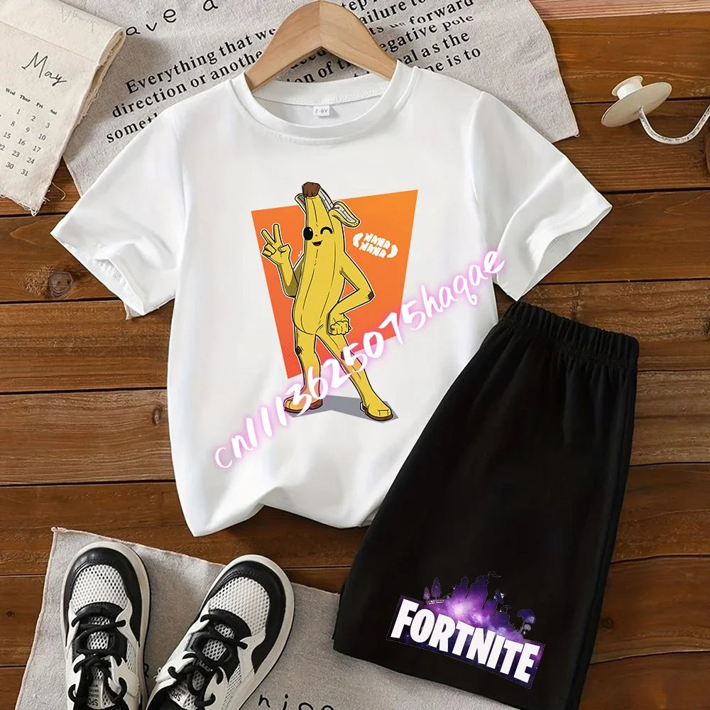 Fortnite Series T-Shirt- und Shorts-Set für Kinder, Hot-Game-Oberteil und Hose, sommerliches, niedliches Homewear-Loungewear-Outfit, Geburtstagsgeschenk